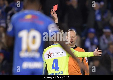 Gent's Sigurd Rosted receives a yellow card from referee Wim Smet during the soccer match between KRC Genk and KAA Gent, Wednesday 26 December 2018 in Genk, on the 21st day of the 'Jupiler Pro League' Belgian soccer championship season 2018-2019. BELGA PHOTO YORICK JANSENS Stock Photo