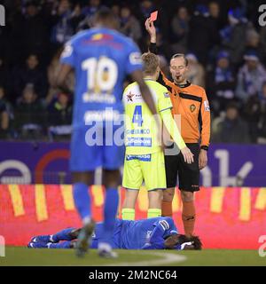 Gent's Sigurd Rosted receives a yellow card from referee Wim Smet during the soccer match between KRC Genk and KAA Gent, Wednesday 26 December 2018 in Genk, on the 21st day of the 'Jupiler Pro League' Belgian soccer championship season 2018-2019. BELGA PHOTO YORICK JANSENS Stock Photo