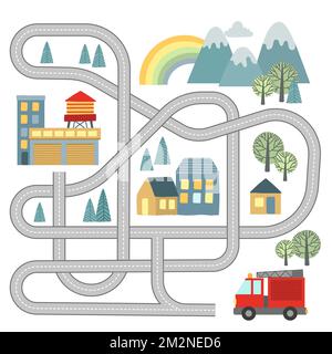 Vector maze game for kids with vehicles and tangled road. Labyrinth help the fire truck to reach the station Stock Vector