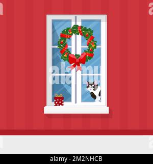 Finestra invernale con vista, un regalo e un gatto sul davanzale. Corona di Natale. Casa accogliente. Buon Natale e Felice Anno Nuovo. Vacanze invernali. Stile piatto Illustrazione Vettoriale