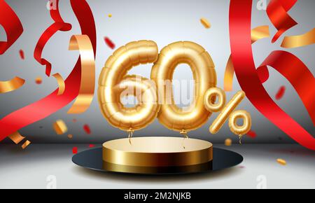 Offerta Speciale sale 60 ballon, mega sale podio dorato, sfondo nero. Illustrazione vettoriale Illustrazione Vettoriale