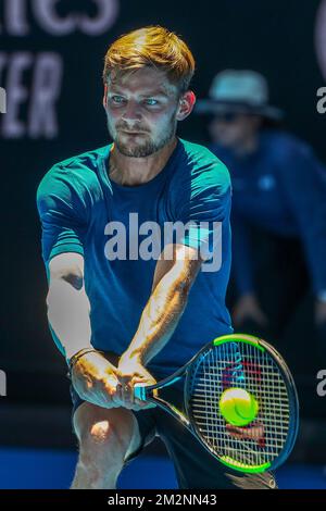 David Goffin belga nella foto durante una sessione di allenamento all'Australian Open di tennis Grand Slam, venerdì 11 gennaio 2019 a Melbourne Park, Melbourne, Australia. Questo primo grande slam della stagione si svolgerà dal 14 al 27 gennaio. FOTO DI BELGA PATRICK HAMILTON Foto Stock