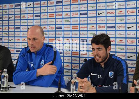 Il capo allenatore di Genk Philippe Clement e Alejandro Pozuelo di Genk hanno illustrato in una conferenza stampa per la proroga del contratto di Pozuelo a Genk, mercoledì 16 gennaio 2019. FOTO DI BELGA JORIS VLIEGEN Foto Stock