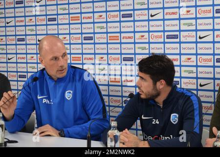 Il capo allenatore di Genk Philippe Clement e Alejandro Pozuelo di Genk hanno illustrato in una conferenza stampa per la proroga del contratto di Pozuelo a Genk, mercoledì 16 gennaio 2019. FOTO DI BELGA JORIS VLIEGEN Foto Stock