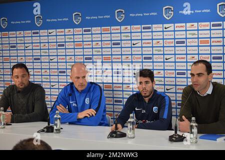 Philippe Clement (2nd L) e Alejandro Pozuelo (2nd R) di Genk hanno illustrato in una conferenza stampa per la proroga del contratto di Pozuelo a Genk, mercoledì 16 gennaio 2019. FOTO DI BELGA JORIS VLIEGEN Foto Stock