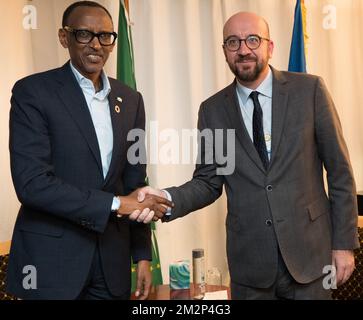 Rwanda President Paul Kagame welcomes Belgian Prime Minister Charles Michel prior to a meeting at the 48th edition of the World Economic Forum annual meeting in Davos, Switzerland, Wednesday 23 January 2019. The yearly meeting takes place from 22 to 26 January with heads of governments and economic leaders. BELGA PHOTO BENOIT DOPPAGNE Stock Photo