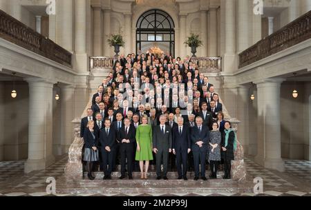 La regina Mathilde del Belgio (CL) e il re Filippo - Filip del Belgio (CR) posano per un quadro di famiglia con i diplomatici belgi, a marge delle Giornate diplomatiche di contatto 2017, presso il Palazzo reale di Bruxelles, mercoledì 30 gennaio 2019. FOTO DI BELGA ERIC LALMAND Foto Stock