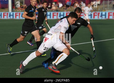 Arthur de Sloover in Belgio e Nick Ross in Nuova Zelanda combattono per la palla durante una partita di hockey della Pro League tra la Nuova Zelanda e i Red Lions belgi ad Auckland, in Nuova Zelanda, venerdì 01 febbraio 2019. BELGA FOTO BEN CAMPBELL Foto Stock