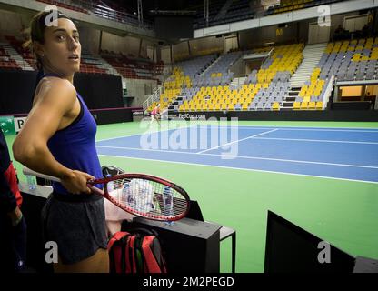 Il francese Caroline Garcia ha illustrato durante una sessione di allenamento, in vista della quater-finale del gioco della Fed Cup tra Belgio e Francia, nel World Group, mercoledì 06 febbraio 2019, a Liegi. BELGA FOTO BENOIT DOPPAGNE Foto Stock