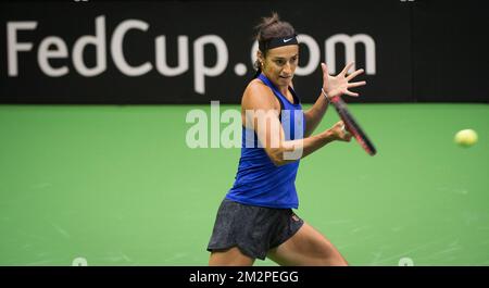 Il francese Caroline Garcia ha illustrato durante una sessione di allenamento, in vista della quater-finale del gioco della Fed Cup tra Belgio e Francia, nel World Group, mercoledì 06 febbraio 2019, a Liegi. BELGA FOTO BENOIT DOPPAGNE Foto Stock