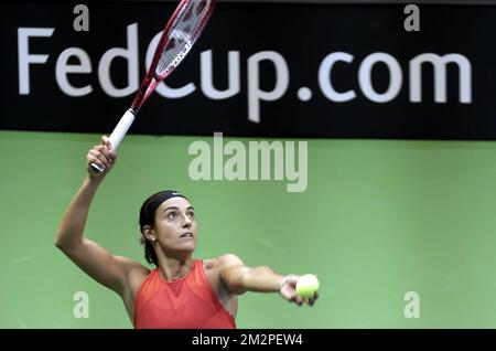 Il francese Caroline Garcia ha mostrato in azione nel corso di una sessione di allenamento, in vista del quarto di finale della Fed Cup tra Belgio e Francia, nel World Group, giovedì 07 febbraio 2019, a Liegi. FOTO DI BELGA ERIC LALMAND Foto Stock