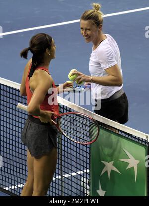 French Caroline Garcia and French Pauline Parmentier pictured during a training session, ahead of the quarter-final of the Fed Cup meeting between Belgium and France, in the World Group, Thursday 07 February 2019, in Liege. BELGA PHOTO ERIC LALMAND Stock Photo