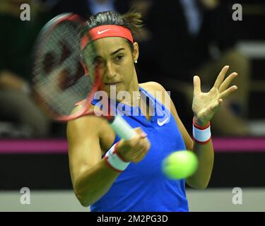 French Caroline Garcia plays a forehand at a tennis match between Belgian Alison Van Uytvanck and French Caroline Garcia, the first rubber of the Fed Cup tennis meeting between Belgium and France, the quarter-finals of the World Group, Saturday 09 February 2019 in Liege. BELGA PHOTO BENOIT DOPPAGNE  Stock Photo