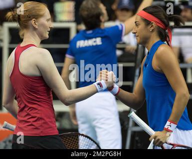 Il belga Alison Van Uytvanck e il francese Caroline Garcia hanno mostrato durante un incontro di tennis tra il belga Alison Van Uytvanck e il francese Caroline Garcia, la prima gomma della Fed Cup di tennis tra il Belgio e la Francia, i quarti di finale del World Group, sabato 09 febbraio 2019 a Liegi. BELGA FOTO BENOIT DOPPAGNE Foto Stock