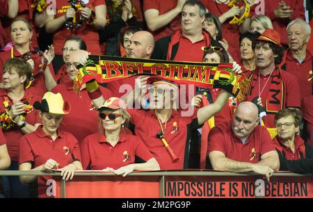 I tifosi belgi hanno mostrato durante una partita di tennis tra il belga Alison Van Uytvanck e il francese Caroline Garcia, la prima gomma della Fed Cup appuntamento di tennis tra il Belgio e la Francia, i quarti di finale del World Group, sabato 09 febbraio 2019 a Liegi. BELGA FOTO BENOIT DOPPAGNE Foto Stock