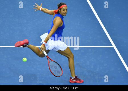 Il francese Caroline Garcia ha ritratto in azione durante un incontro di tennis tra il belga Elise Mertens e il francese Caroline Garcia, terza gomma della Fed Cup di tennis tra il Belgio e la Francia, i quarti di finale del World Group, domenica 10 febbraio 2019 a Liegi. BELGA FOTO BENOIT DOPPAGNE Foto Stock