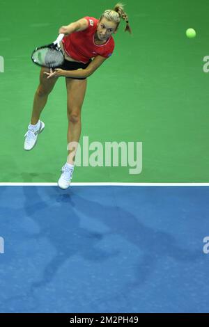 Il belga Elise Mertens è presente in occasione di una partita di tennis tra il belga Elise Mertens e il francese Caroline Garcia, la terza gomma della Fed Cup di tennis tra Belgio e Francia, i quarti di finale del World Group, domenica 10 febbraio 2019 a Liegi. BELGA FOTO BENOIT DOPPAGNE Foto Stock