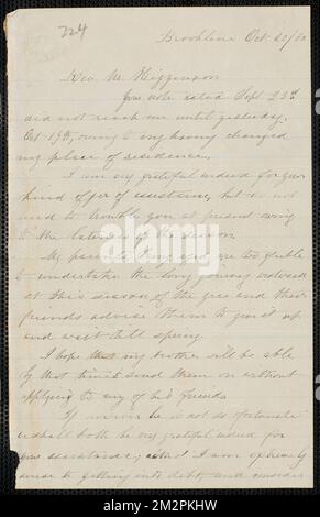 Lettera autografa di Elisabeth E. Tidd firmata a Thomas Wentworth Higginson, Brookline, 20 ottobre [18]60 , abolizionisti, Stati Uniti, movimenti antislavery, Stati Uniti, Storia, 19th ° secolo, Harpers Ferry W. Virginia, Storia, RAID di John Brown, 1859. John Brown- corrispondenza relativa a John Brown e al raid su Harpers Ferry Foto Stock