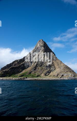 Bleiksøya è un'isola rocciosa al largo della costa occidentale dell'isola di Andøya, nell'arcipelago di Vesterålen, dove si riproducono migliaia di puffini. Foto Stock