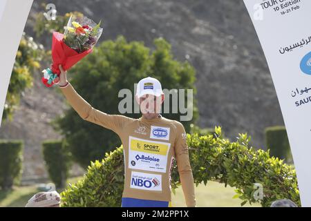 Belgian Preben Van Hecke of Sport Vlaanderen-Baloise pictured on the podium after the second stage of the Oman cycling Tour 2019, 156,5km from Royal Cavalry Oman to Al Bustan, Sunday 17 February 2019. This years Tour of Oman is taking place from 16 to 21 February. BELGA PHOTO YUZURU SUNADA FRANCE OUT  Stock Photo