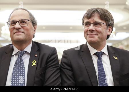 President of Catalonia Quim Torra and Catalan leader in exile Carles Puigdemont pictured during a press conference in Brussels, Monday 18 February 2019. BELGA PHOTO THIERRY ROGE Stock Photo