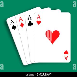 Set di 4 assi di carte da gioco di tute diverse. Diamanti, cuori, Club, Spade. Combinazione di quattro tipi nel poker. Vettore realistico isolato su g Illustrazione Vettoriale