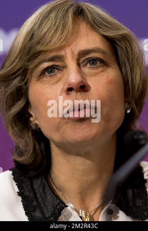 Dominique Leroy, CEO di Proximus, ha illustrato nel corso di una conferenza stampa per annunciare i risultati di Proximus, 2018 anni, a Bruxelles, venerdì 01 marzo 2019. FOTO DI BELGA JASPER JACOBS Foto Stock