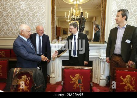 Senate chairman Jacques Brotchi, Claude Debrulle, Federal Prosecutor Frederic Van Leeuw and Alexis Deswaef pictured during the presentation of the year report of the 'Comite T' terrorism committee, at the senate at the federal parliament in Brussels, Tuesday 12 March 2019. BELGA PHOTO NICOLAS MAETERLINCK Stock Photo