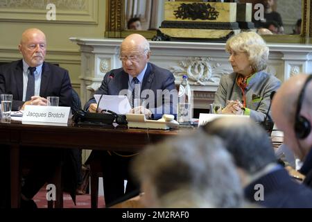 Claude Debrulle, Senate chairman Jacques Brotchi and Maria Luisa Cesoni pictured during the presentation of the year report of the 'Comite T' terrorism committee, at the senate at the federal parliament in Brussels, Tuesday 12 March 2019. BELGA PHOTO NICOLAS MAETERLINCK Stock Photo