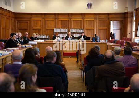 L'immagine mostra una sessione del processo 'Kasteelmoord' (omicidio del castello), lunedì 18 marzo 2019, presso la corte d'appello di Gent. Andre Gusselbrecht, Pierre Serry, Franciscus Larmit ed Evert de Clercq sono i quattro accusati nel cosiddetto "kasteelmoord" a Stijn Saelens, nella sua casa, un castello a Wingene, nella provincia delle Fiandre Occidentali. Il 31 gennaio 2012 Saelens scomparve misteriosamente dal suo castello. Il suo corpo è stato trovato nel febbraio 2012 in una proprietà vicina. SAELENS era il genero di Andre Gyselbrecht. BELGA FOTO KURT DEPSLENTER Foto Stock