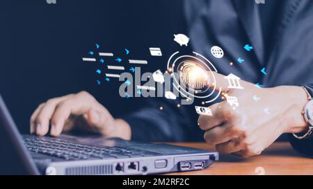 elaborazione digitale futuristica dello scanner di impronte digitali di identificazione biometrica per l'accesso ai dati finanziari personali. sorveglianza e scansione di sicurezza o Foto Stock