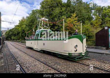 Blackpool Corporation Tram No. 236, National Tramway Museum, Crich, Matlock, Derbyshire, Inghilterra. Foto Stock