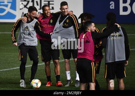 Dries Mertens del Belgio, Youri Tielemans del Belgio e Thorgan Hazard del Belgio hanno illustrato durante una sessione di allenamento della nazionale belga di calcio The Red Devils, sabato 23 marzo 2019 a Nicosia, Repubblica di Cipro. La squadra si prepara per la qualificazione di domani per i Campionati europei 2020 contro Cipro. FOTO DI BELGA DIRK WAEM Foto Stock