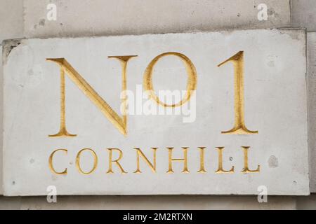 Il cartello n. 1 Cornhill è presente in questo iconico edificio di uffici, Londra, Regno Unito Foto Stock