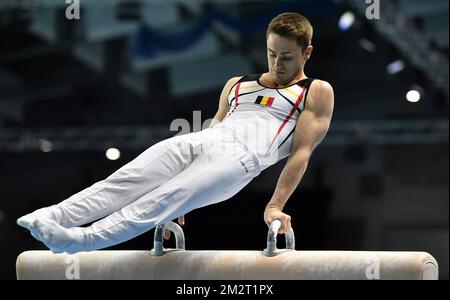 Ginnastica belga Jimmy Verbaeys raffigurata in azione durante le qualifiche ai Campionati europei di ginnastica artistica a Szczecin, Polonia, mercoledì 10 aprile 2019. La CE si svolge dal 10 al 14 aprile. FOTO DI BELGA ERIC LALMAND Foto Stock