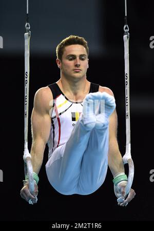 Ginnastica belga Jimmy Verbaeys raffigurata in azione durante le qualifiche ai Campionati europei di ginnastica artistica a Szczecin, Polonia, mercoledì 10 aprile 2019. La CE si svolge dal 10 al 14 aprile. FOTO DI BELGA ERIC LALMAND Foto Stock