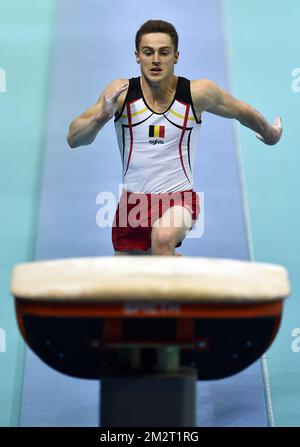 Ginnastica belga Jimmy Verbaeys raffigurata in azione durante le qualifiche ai Campionati europei di ginnastica artistica a Szczecin, Polonia, mercoledì 10 aprile 2019. La CE si svolge dal 10 al 14 aprile. FOTO DI BELGA ERIC LALMAND Foto Stock