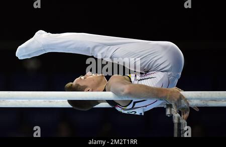 Ginnastica belga Jimmy Verbaeys raffigurata in azione durante le qualifiche ai Campionati europei di ginnastica artistica a Szczecin, Polonia, mercoledì 10 aprile 2019. La CE si svolge dal 10 al 14 aprile. FOTO DI BELGA ERIC LALMAND Foto Stock