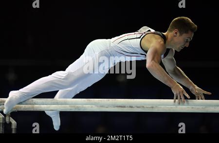 Ginnastica belga Jimmy Verbaeys raffigurata in azione durante le qualifiche ai Campionati europei di ginnastica artistica a Szczecin, Polonia, mercoledì 10 aprile 2019. La CE si svolge dal 10 al 14 aprile. FOTO DI BELGA ERIC LALMAND Foto Stock