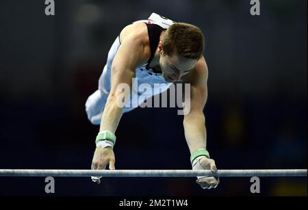 Ginnastica belga Jimmy Verbaeys raffigurata in azione durante le qualifiche ai Campionati europei di ginnastica artistica a Szczecin, Polonia, mercoledì 10 aprile 2019. La CE si svolge dal 10 al 14 aprile. FOTO DI BELGA ERIC LALMAND Foto Stock