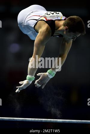 Ginnastica belga Jimmy Verbaeys raffigurata in azione durante le qualifiche ai Campionati europei di ginnastica artistica a Szczecin, Polonia, mercoledì 10 aprile 2019. La CE si svolge dal 10 al 14 aprile. FOTO DI BELGA ERIC LALMAND Foto Stock