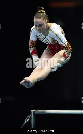 Ginnastica belga Jade Vansteenkiste ha ritratto in azione durante le qualifiche ai Campionati europei di ginnastica artistica a Szczecin, Polonia, giovedì 11 aprile 2019. La CE si svolge dal 10 al 14 aprile. FOTO DI BELGA ERIC LALMAND Foto Stock