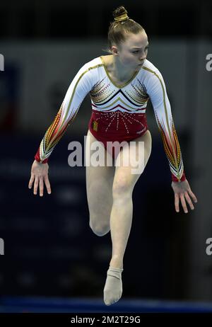 Ginnastica belga Jade Vansteenkiste ha ritratto in azione durante le qualifiche ai Campionati europei di ginnastica artistica a Szczecin, Polonia, giovedì 11 aprile 2019. La CE si svolge dal 10 al 14 aprile. FOTO DI BELGA ERIC LALMAND Foto Stock