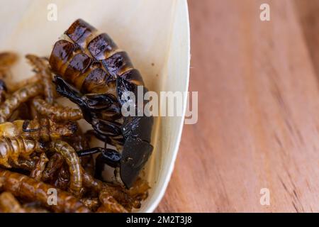 Grubs di legno fritti, lombrichi e scarafaggi su un tagliere di legno. Insetti fritti come fonte di proteine nella dieta. Foto Stock