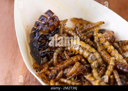 Grubs di legno fritti, lombrichi e scarafaggi su un tagliere di legno. Insetti fritti come fonte di proteine nella dieta. Foto Stock