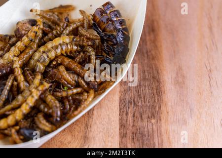 Grubs di legno fritti, lombrichi e scarafaggi su un tagliere di legno. Insetti fritti come fonte di proteine nella dieta. Foto Stock