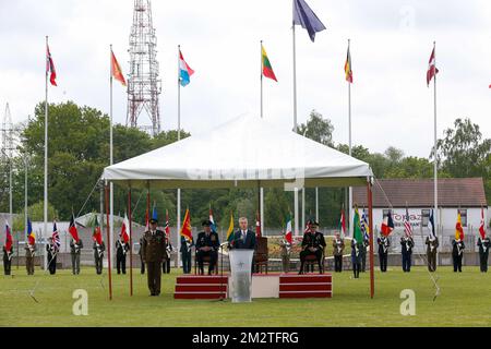 US General Tod D. Wolters (2R), NATO Secretary General Jens Stoltenberg and NATO Supreme Allied Commander Europe Curtis Scaparrotti pictured during a ceremony to appoint the new Supreme Allied Commander Europe (SACEUR) at the Shape (Supreme Headquarters Allied Powers) in Casteau, Soignies, Friday 03 May 2019. BELGA PHOTO NICOLAS MAETERLINCK Stock Photo