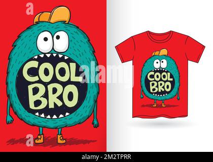 Hand drawn monster cartoon for t shirt with template Stock Vector