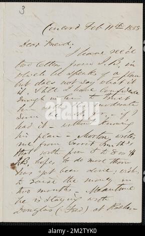 F. B. Sanborn autograph letter signed to [Thomas Wentworth Higginson], Concord, 11 February 1858 , Abolitionists, United States, Antislavery movements, United States, History, 19th century, Harpers Ferry W. Va., History, John Brown's Raid, 1859, Brown, John, 1800-1859. John Brown- Correspondence relating to John Brown and the raid on Harpers Ferry Stock Photo