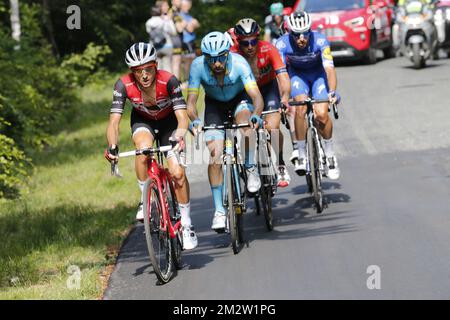 Italian Gianluca Brambilla of Trek-Segafredo and Italian Dario Cataldo of Astana Pro Team pictured in action during the twelfth stage of the 101st edition of the Giro D'Italia cycling race, 158km from Cuneo to Pinerolo, Italy, Thursday 23 May 2019. BELGA PHOTO YUZURU SUNADA FRANCE OUT  Stock Photo